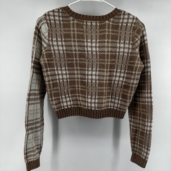 Hollister Sweater Plaid Cropped Button Up V Neck Knit Cardigan Brown and White M - Picture 5 of 5